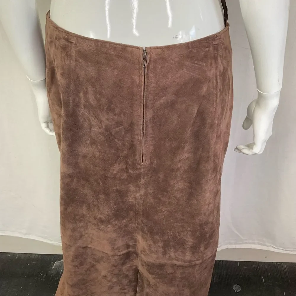 Margaret Godfrey Vintage Y2K Brown 100% Leather Suede Long Maxi Skirt Size 12